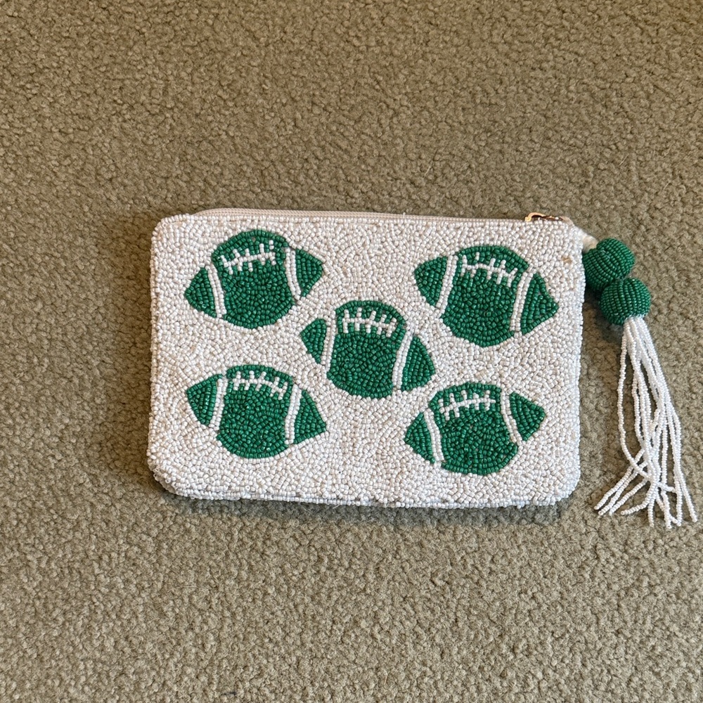 Green and White Beaded Football Clutch